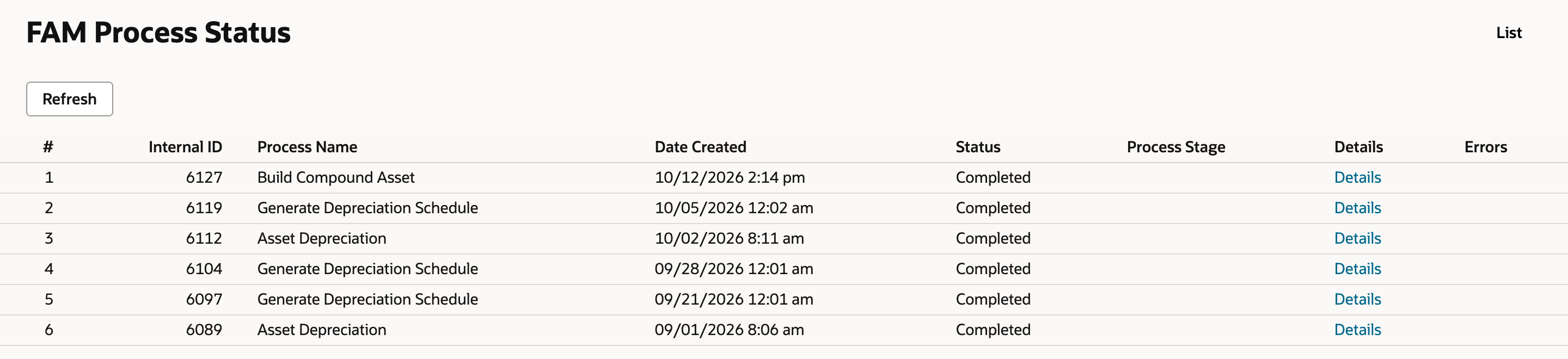 FAM Process Status with row 1, Internal ID 6127, Build Compound Asset, 10/12/2026 2:14 pm, Status Completed, above earlier completed depreciation and schedule processes.