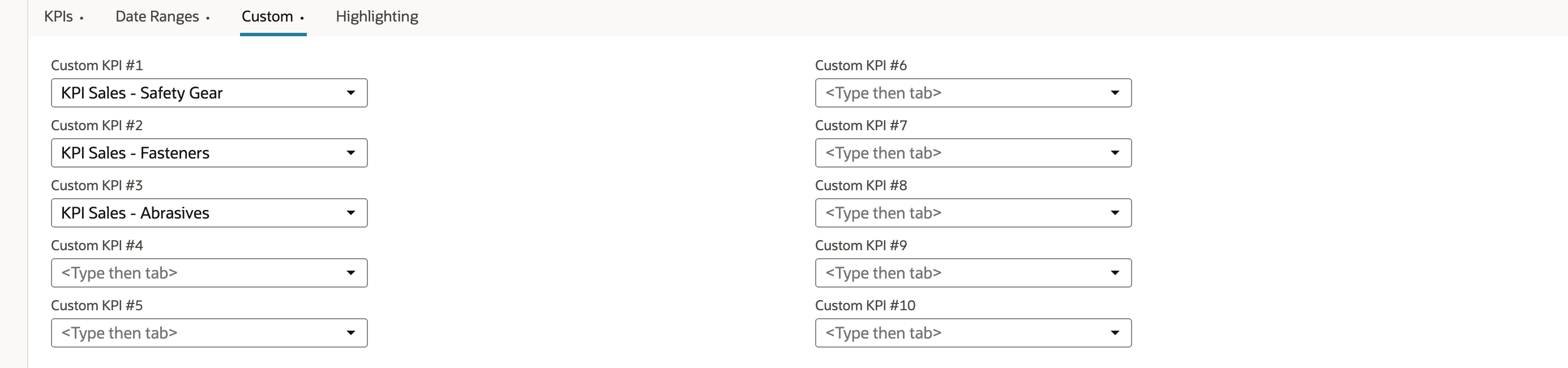Custom subtab with ten Custom KPI fields. Custom KPI #1 is KPI Sales - Safety Gear, #2 is KPI Sales - Fasteners and #3 is KPI Sales - Abrasives. Custom KPI #4 to #10 are empty.