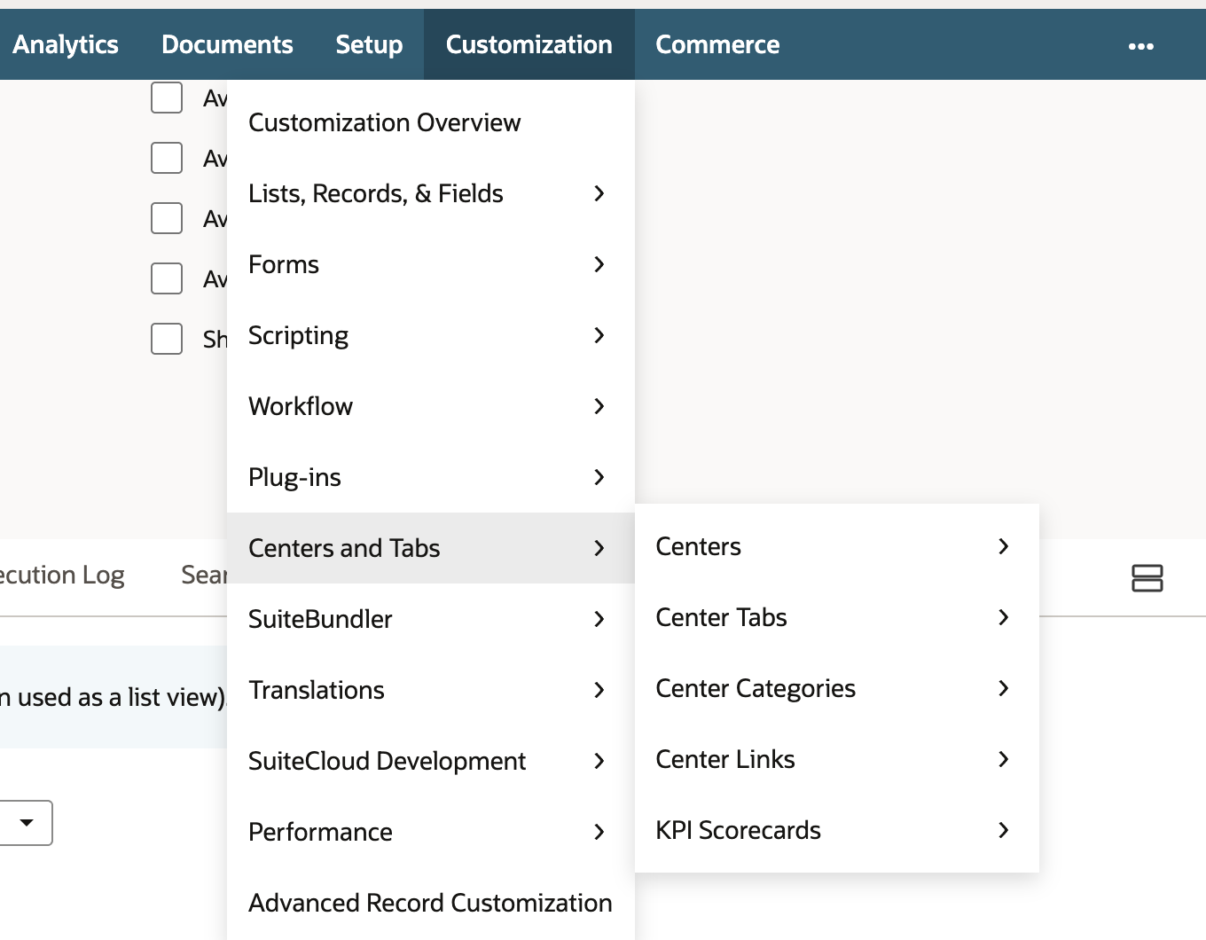 The Customization menu open with Centers and Tabs highlighted. Its submenu lists Centers, Center Tabs, Center Categories, Center Links and KPI Scorecards. An arrow points to KPI Scorecards.