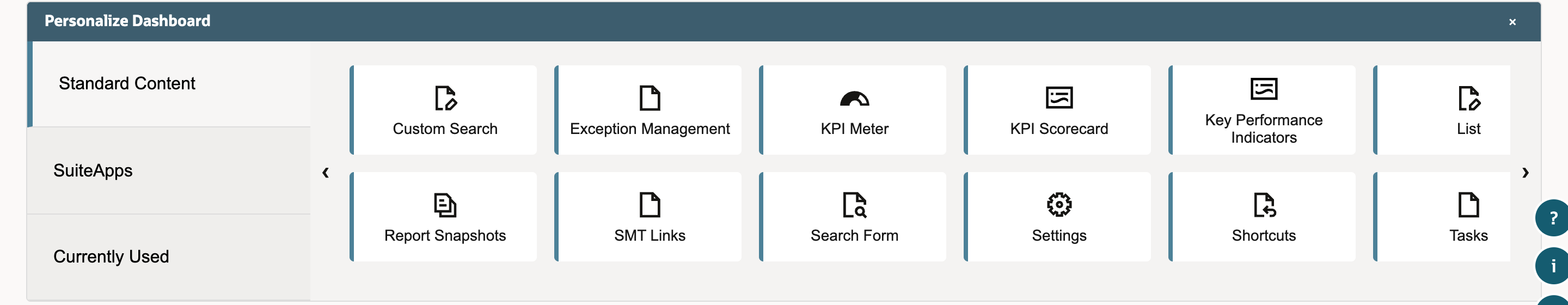 Personalize Dashboard panel on Standard Content, second page of tiles: Custom Search, Exception Management, KPI Meter, KPI Scorecard, Key Performance Indicators, List, Report Snapshots, SMT Links, Search Form, Settings, Shortcuts and Tasks. An arrow points to the KPI Scorecard tile.