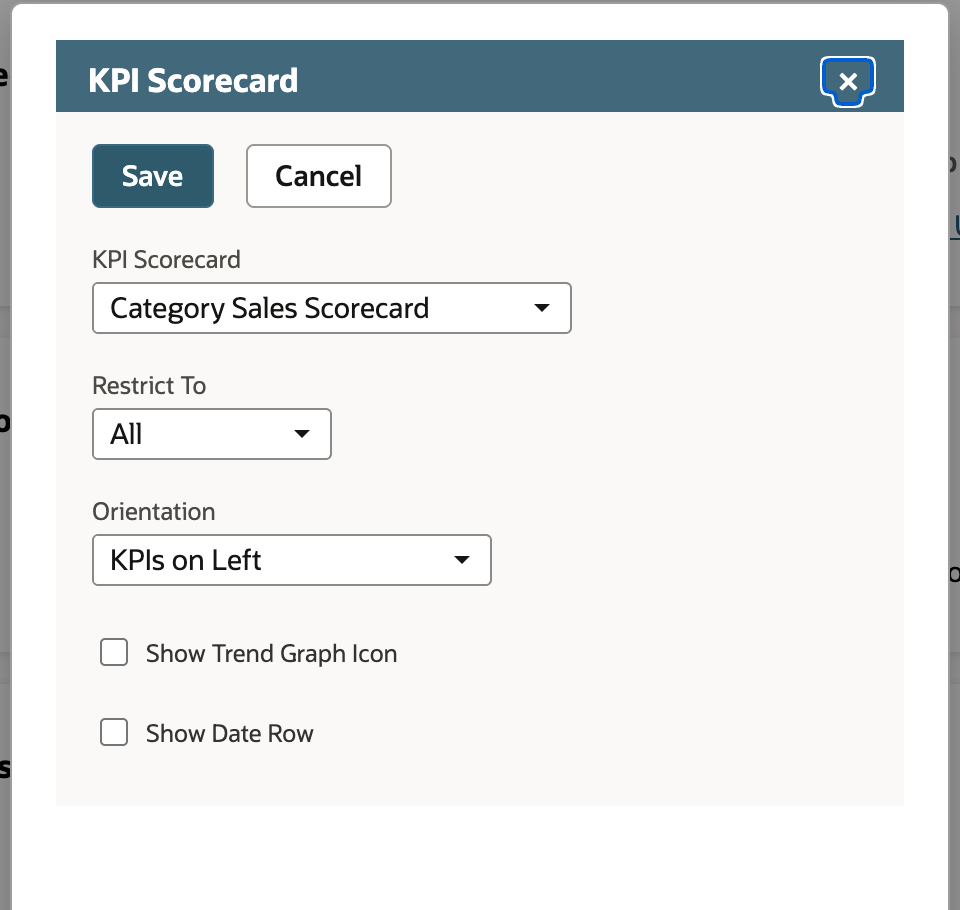 KPI Scorecard Set Up dialog with KPI Scorecard set to Category Sales Scorecard, Restrict To All, Orientation KPIs on Left, and Show Trend Graph Icon and Show Date Row unchecked.