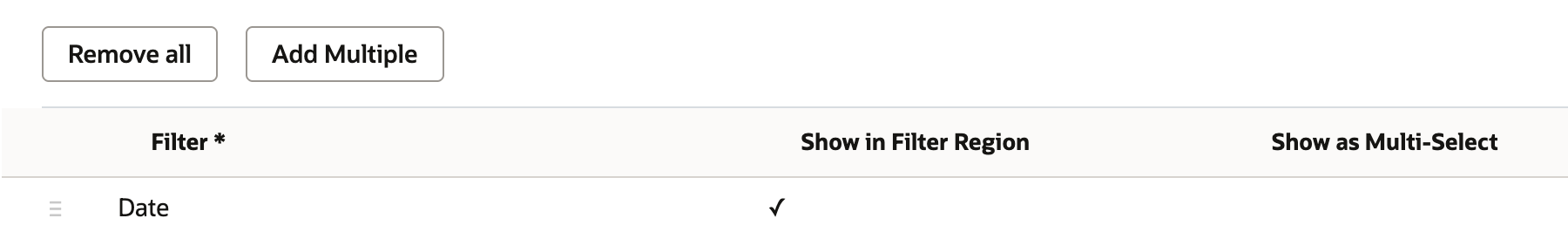 Available Filters subtab of the saved search. The filter list has one row, Date, with Show in Filter Region checked.