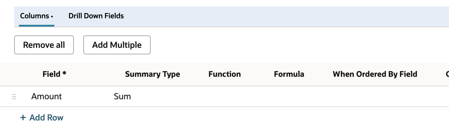 Results subtab Columns list with a single row: Field Amount, Summary Type Sum. Function, Formula and label columns are empty.