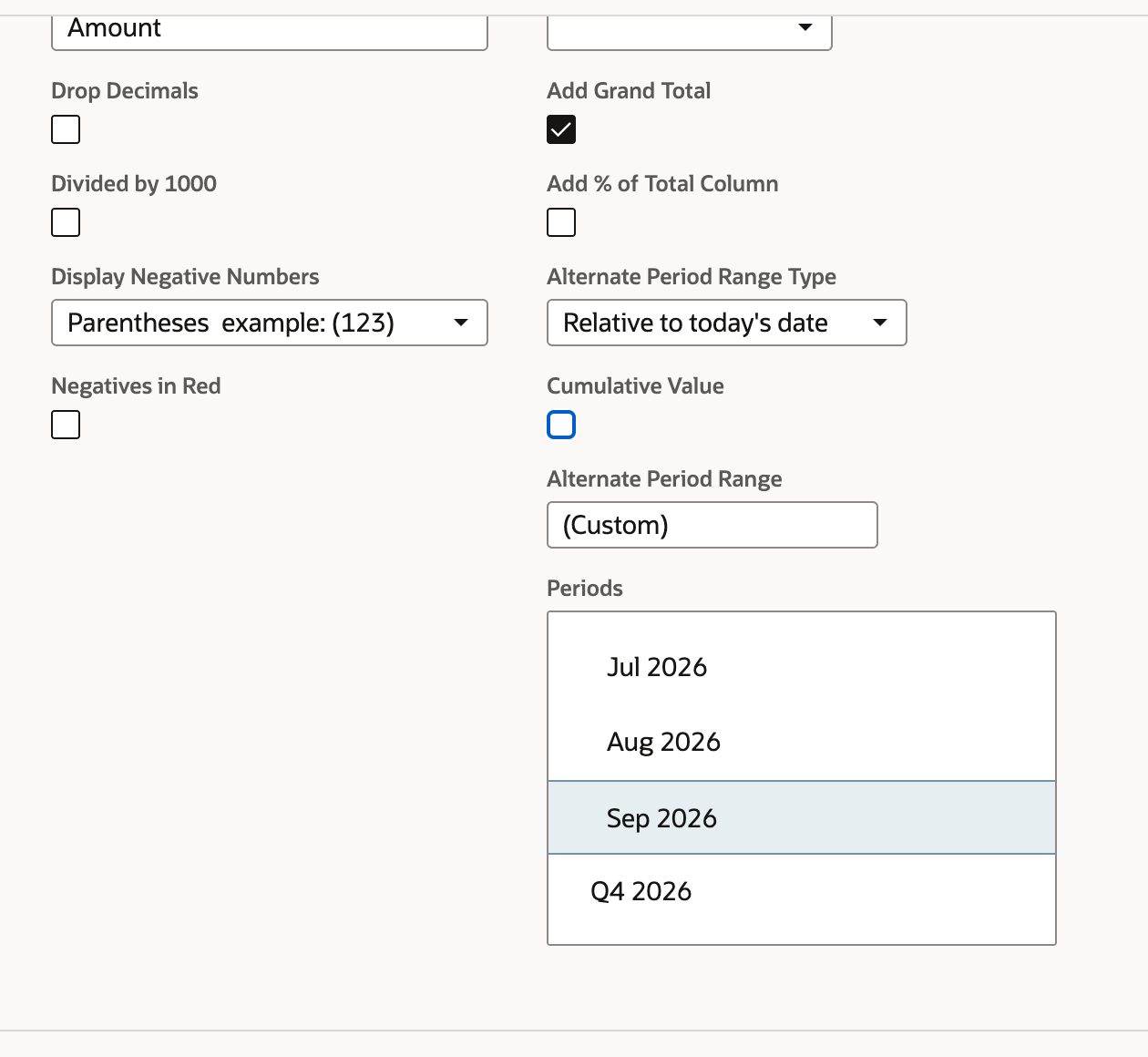 Third Amount column with Cumulative Value cleared and Sep 2026 still selected in Periods