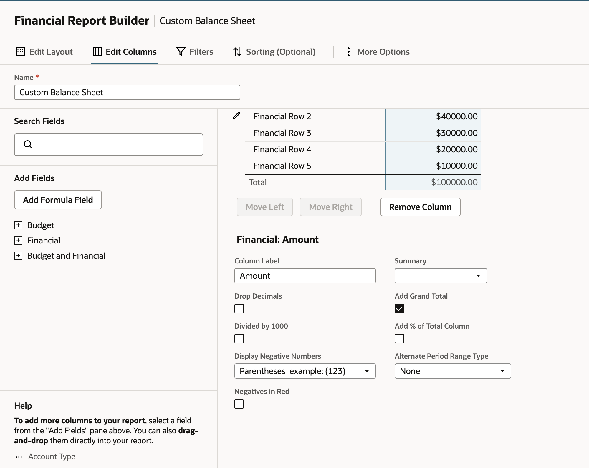 Financial Report Builder Edit Columns tab with the Amount column selected and Alternate Period Range Type set to None