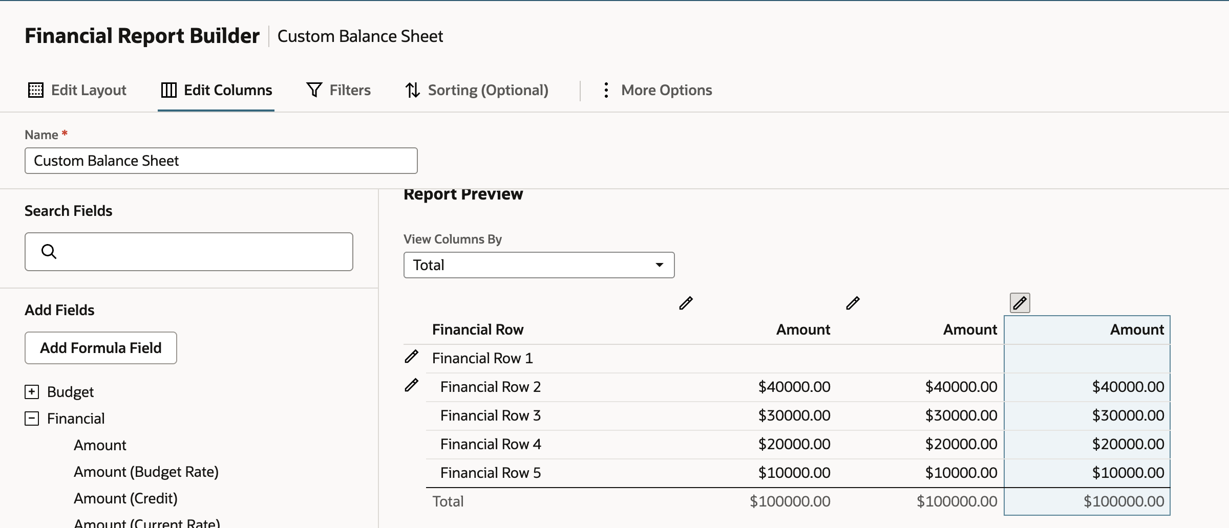 Report Preview with three Amount columns and the Financial field list expanded under Add Fields