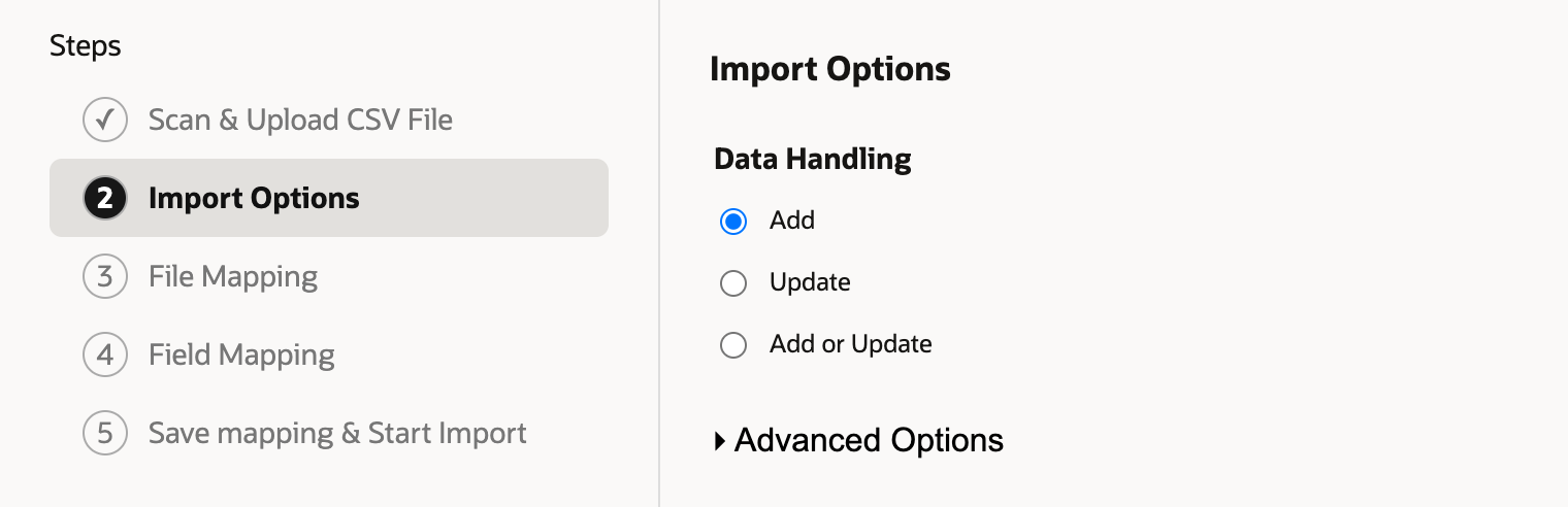 The Import Options step with Data Handling set to Add. Update and Add or Update are not selected.