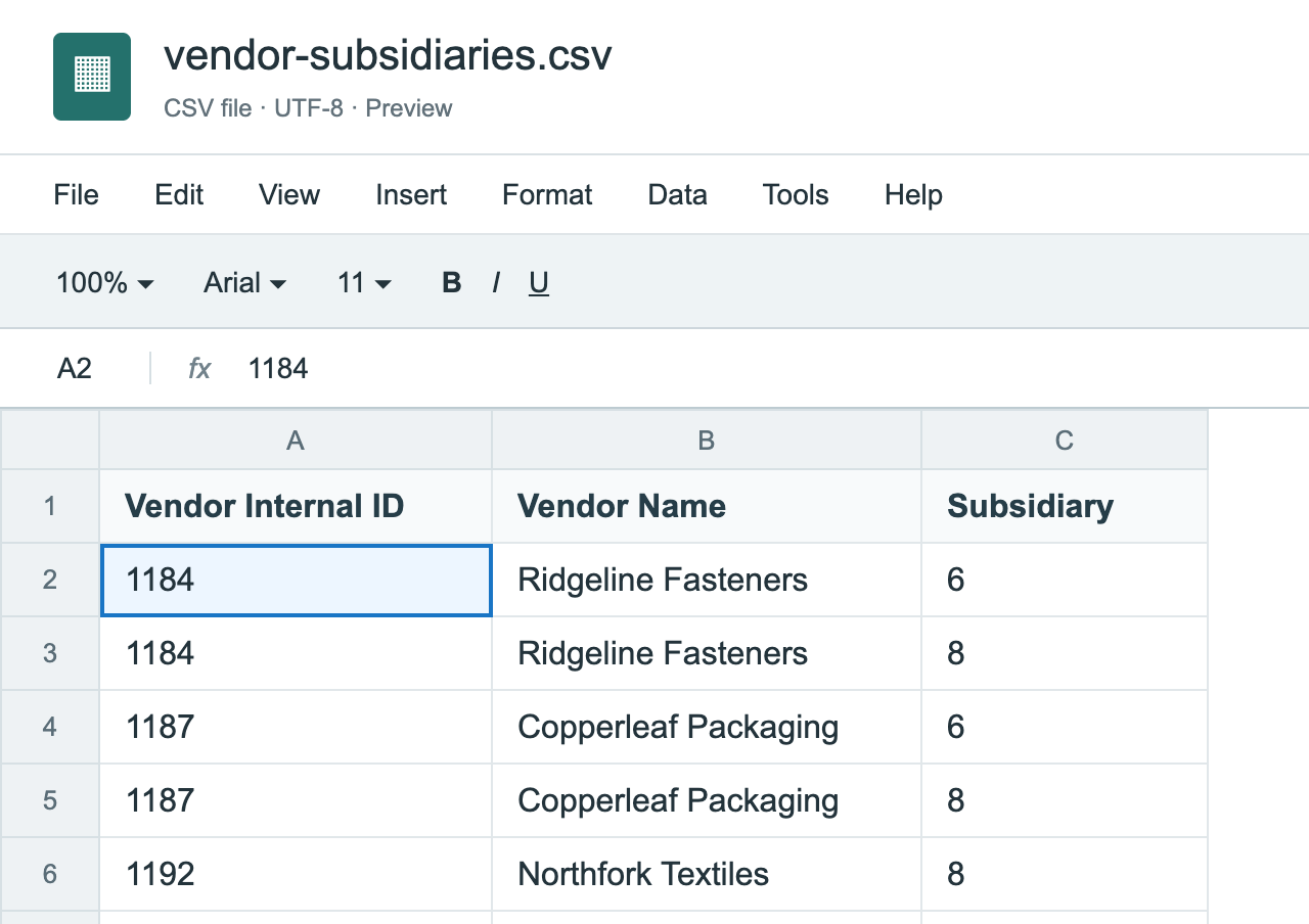 vendor-subsidiaries.csv with columns Vendor Internal ID, Vendor Name, and Subsidiary, and five rows: 1184 Ridgeline Fasteners 6, 1184 Ridgeline Fasteners 8, 1187 Copperleaf Packaging 6, 1187 Copperleaf Packaging 8, and 1192 Northfork Textiles 8.