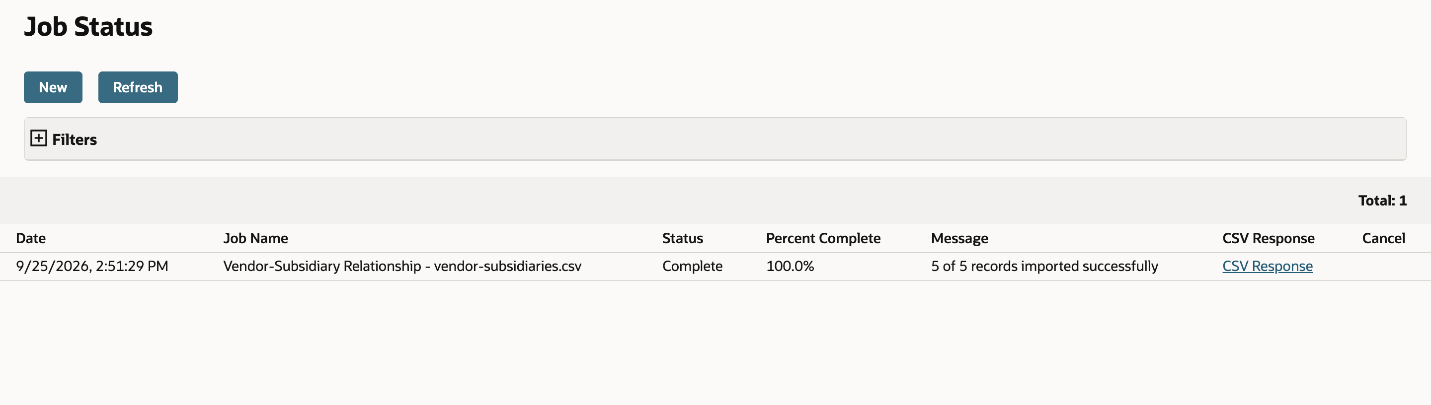 The Job Status page with one job, Vendor-Subsidiary Relationship - vendor-subsidiaries.csv, Status Complete, 100.0%, and Message 5 of 5 records imported successfully.
