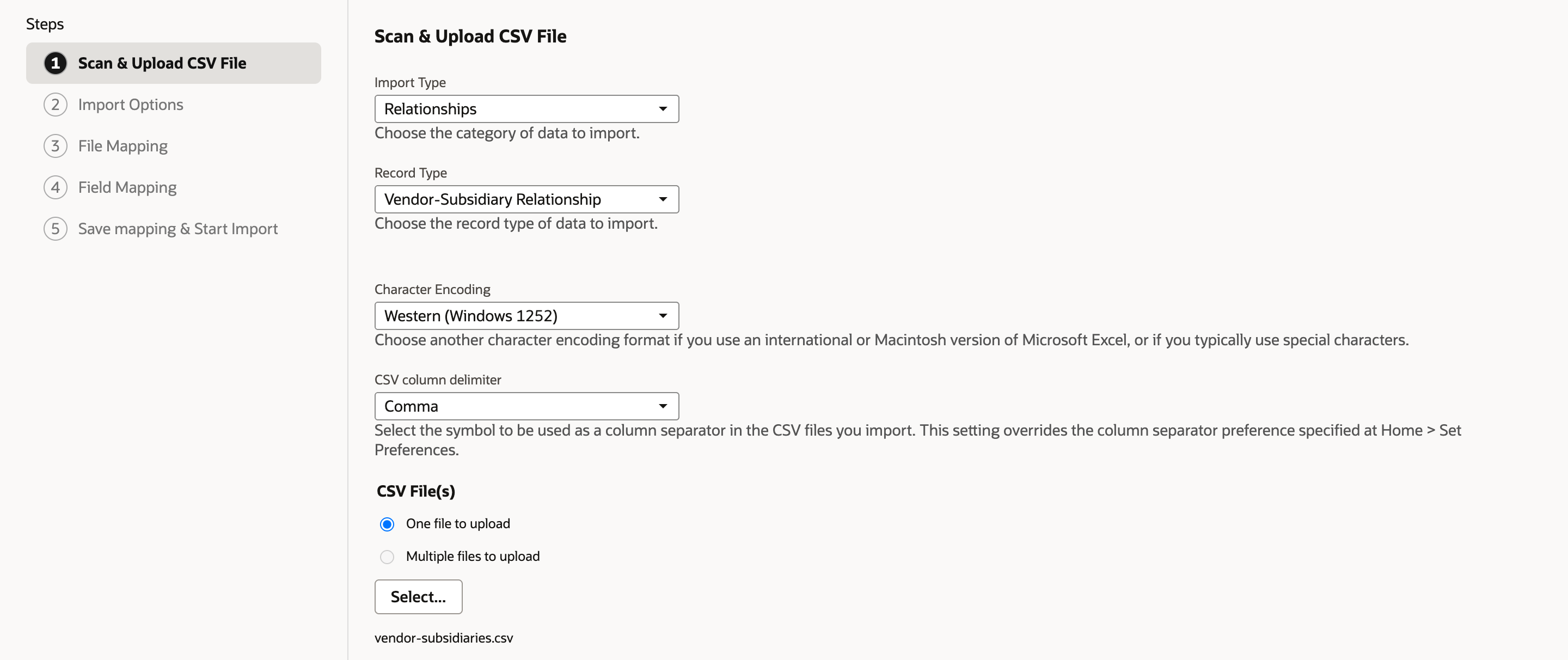 The Import Assistant Scan & Upload CSV File step with Import Type Relationships, Record Type Vendor-Subsidiary Relationship, and vendor-subsidiaries.csv selected under CSV File(s).
