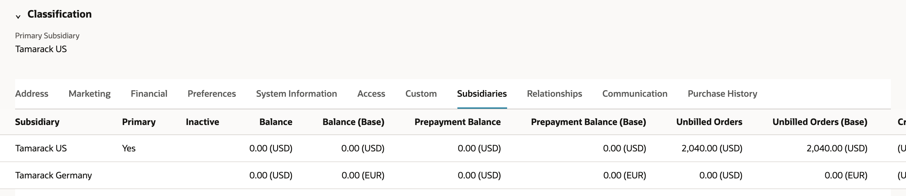 The Northfork Textiles Subsidiaries subtab after the import: Tamarack US with Primary Yes and Tamarack Germany with 0.00 (EUR) in Balance (Base). There is no Tamarack Mexico row.