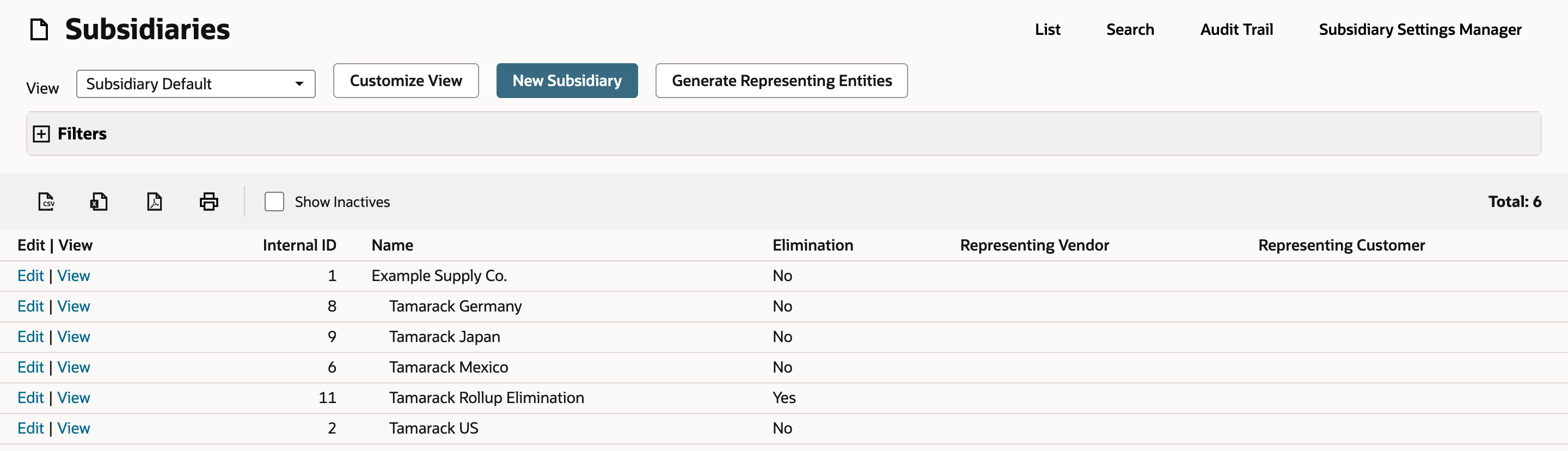 The Subsidiaries list with an Internal ID column: Example Supply Co. 1, Tamarack Germany 8, Tamarack Japan 9, Tamarack Mexico 6, Tamarack Rollup Elimination 11, and Tamarack US 2.