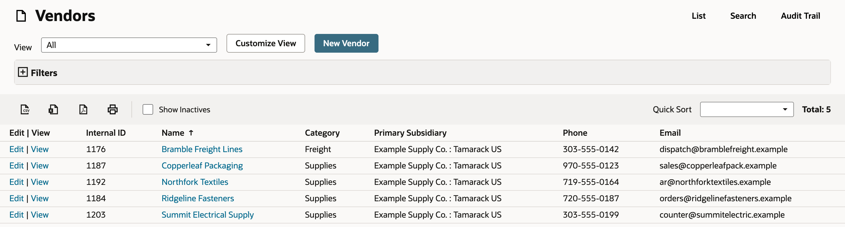 The Vendors list with an Internal ID column: Bramble Freight Lines 1176, Copperleaf Packaging 1187, Northfork Textiles 1192, Ridgeline Fasteners 1184, and Summit Electrical Supply 1203, all with primary subsidiary Example Supply Co. : Tamarack US.
