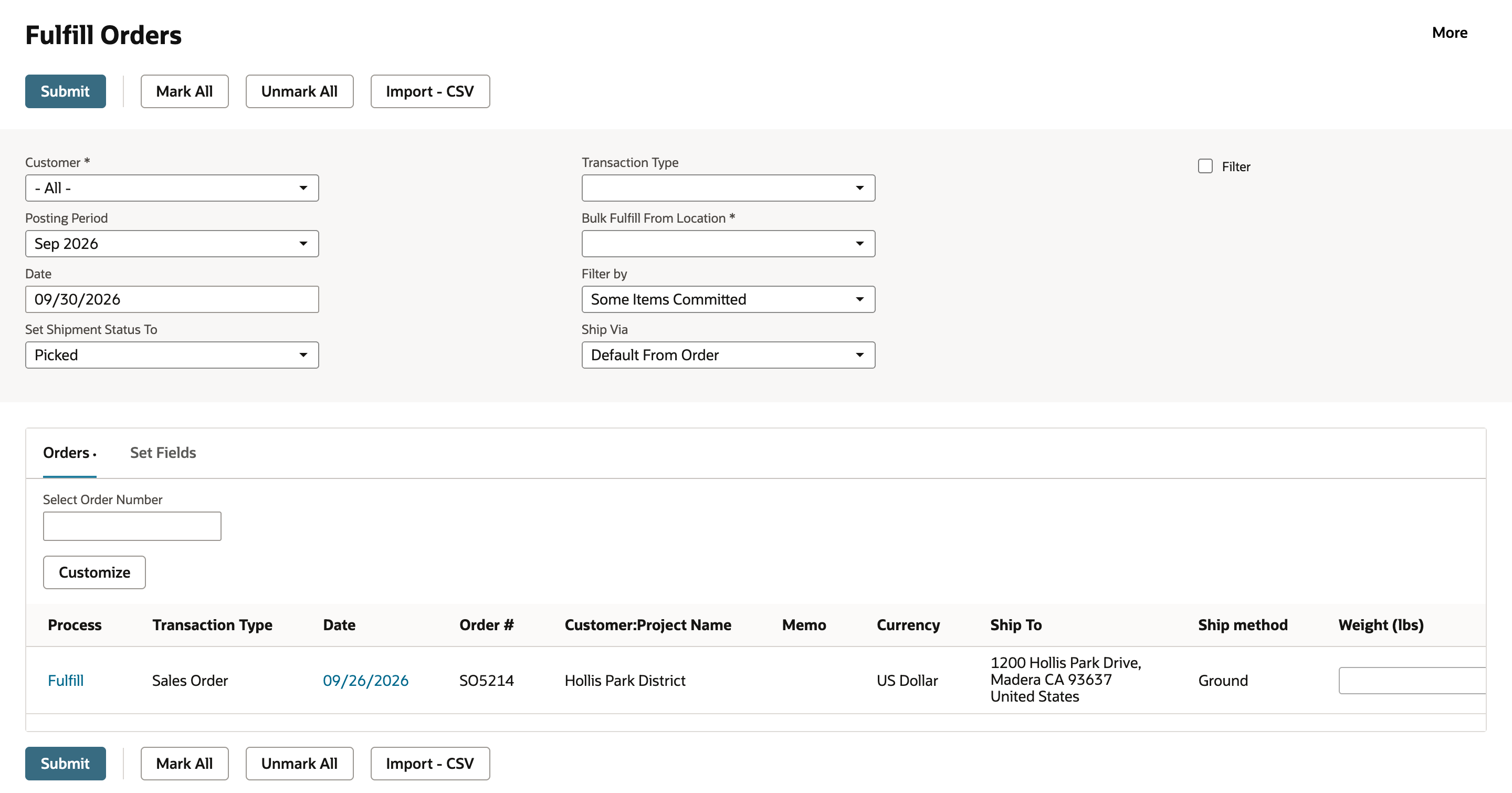Fulfill Orders with one order left on the Orders subtab, SO5214 for Hollis Park District.