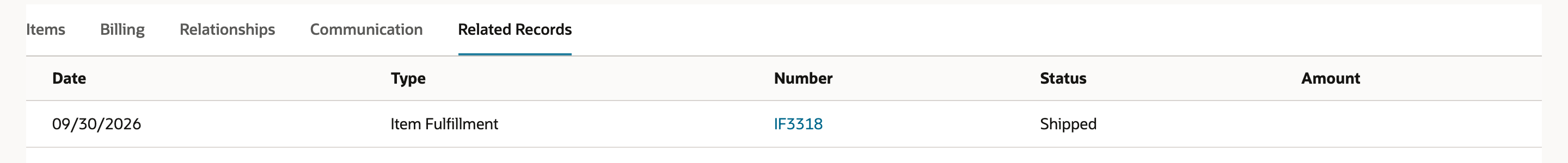 The Related Records subtab of SO5207 listing Item Fulfillment IF3318 dated 09/30/2026 with status Shipped.