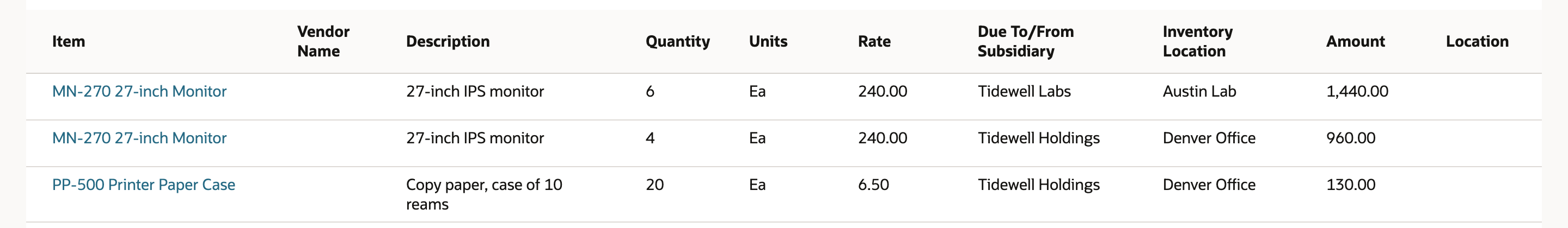 Bill Items subtab: MN-270 27-inch Monitor 6 at 240.00 with Due To/From Subsidiary Tidewell Labs and Inventory Location Austin Lab; MN-270 27-inch Monitor 4 at 240.00 and PP-500 Printer Paper Case 20 at 6.50 with Tidewell Holdings and Denver Office.