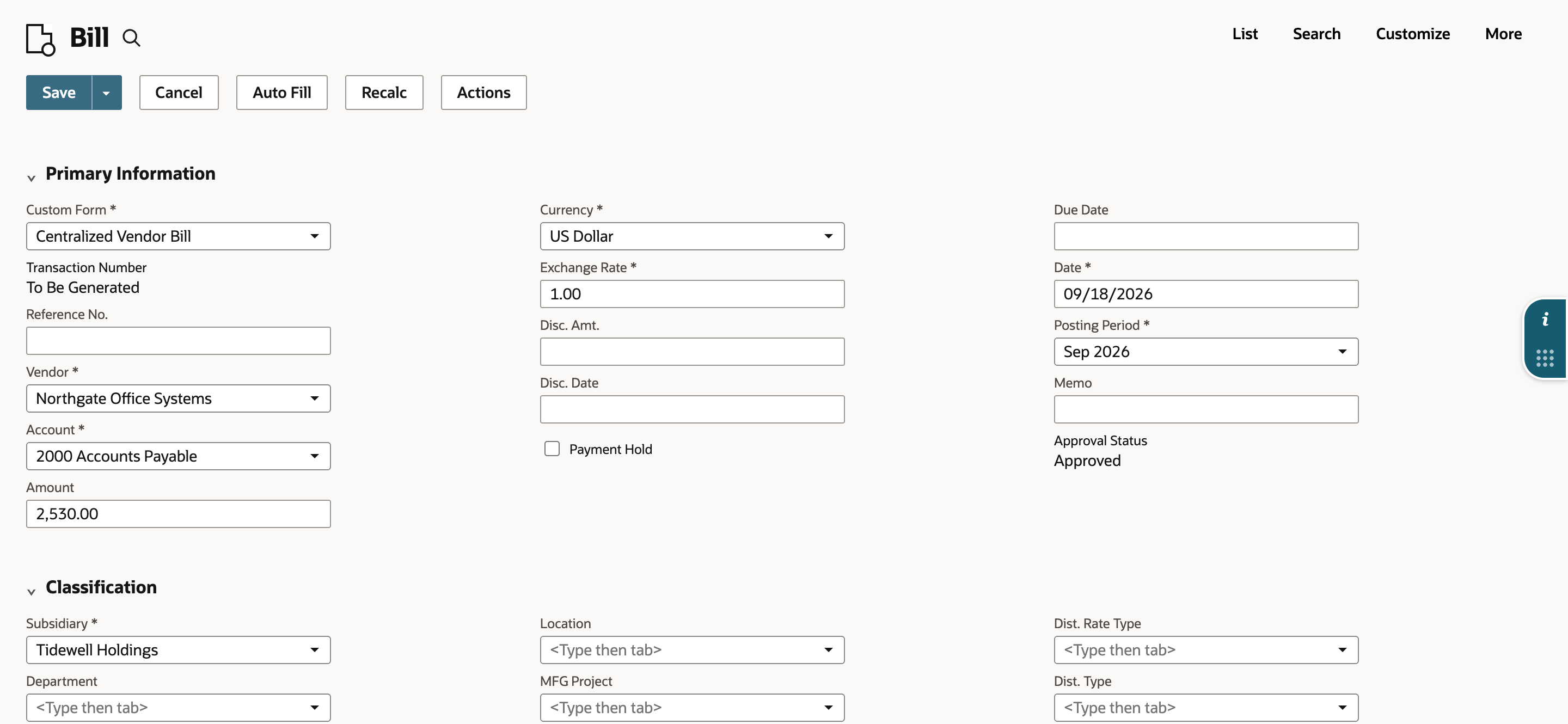 New bill from PO2864: Custom Form Centralized Vendor Bill, Vendor Northgate Office Systems, Account 2000 Accounts Payable, Amount 2,530.00, and under Classification, Subsidiary Tidewell Holdings. An arrow points to Subsidiary.