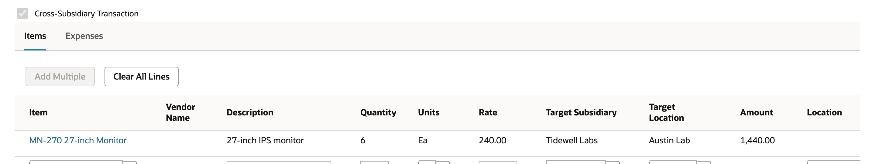 Items subtab with Cross-Subsidiary Transaction checked above one committed line: MN-270 27-inch Monitor, quantity 6, rate 240.00, Target Subsidiary Tidewell Labs, Target Location Austin Lab, amount 1,440.00. An arrow points to Cross-Subsidiary Transaction.