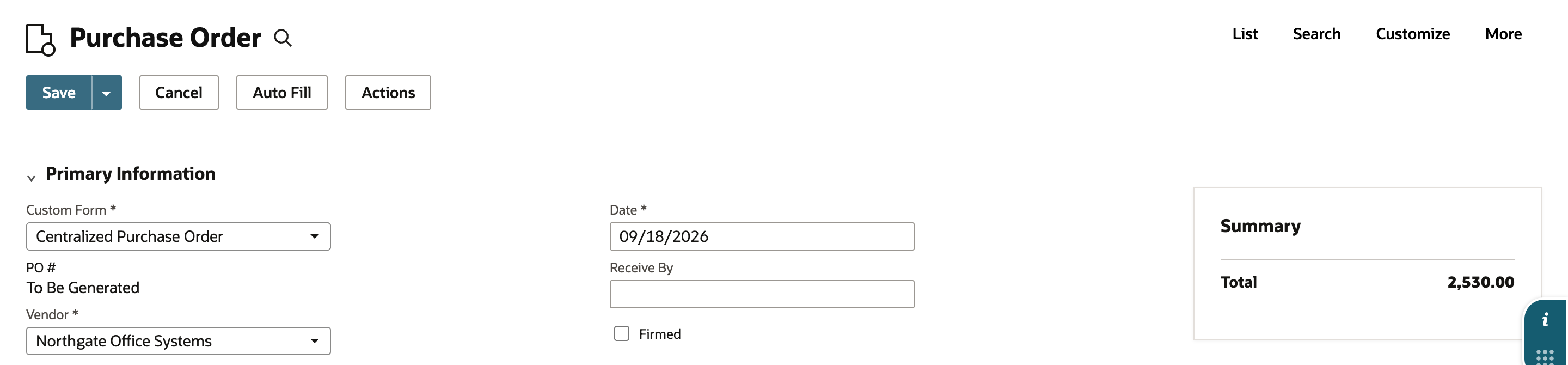 Purchase order header before saving, with the Summary box showing Total 2,530.00.