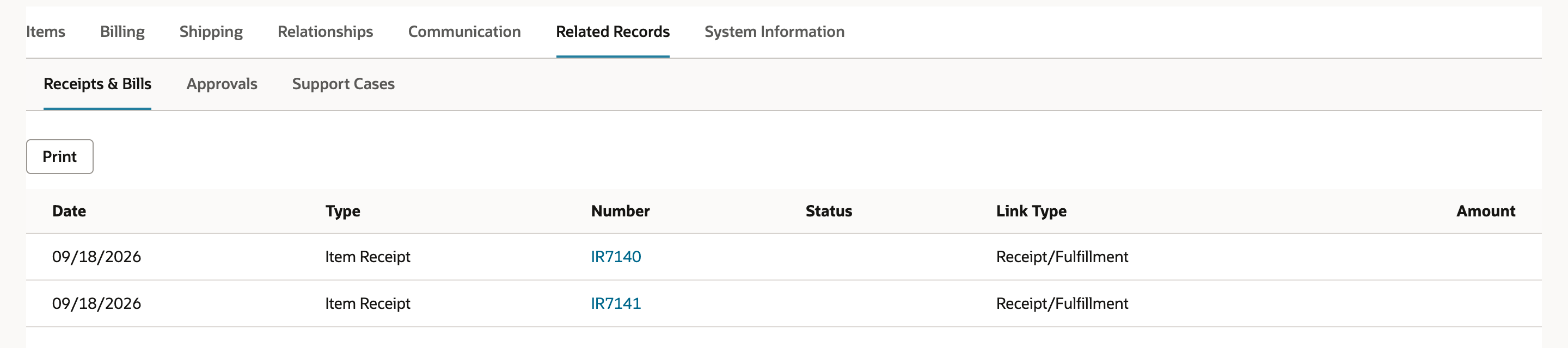 PO2864, Related Records subtab, Receipts & Bills: two Item Receipt rows dated 09/18/2026, IR7140 and IR7141, both with Link Type Receipt/Fulfillment.