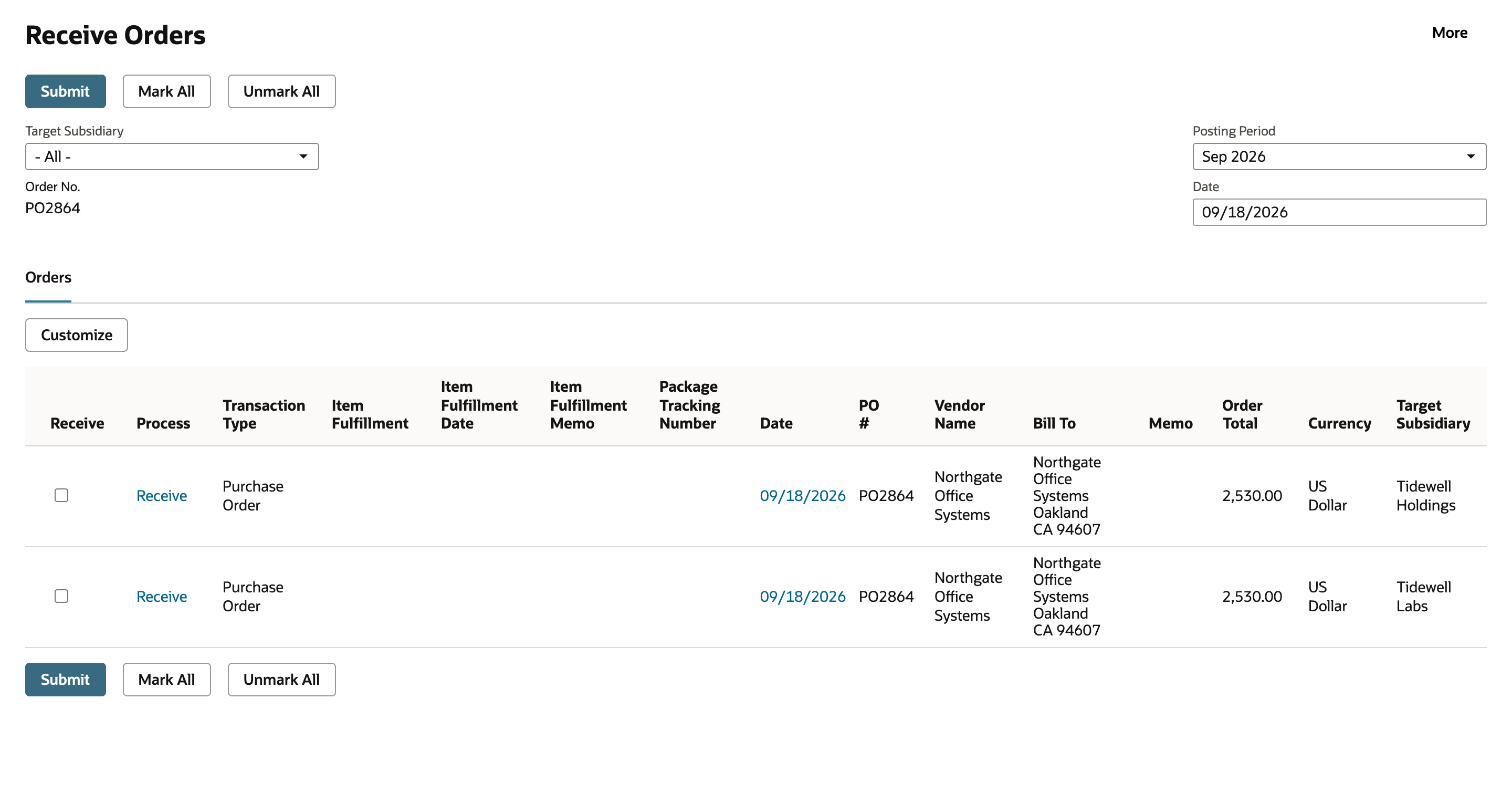 Receive Orders with Target Subsidiary filter All, Order No. PO2864, Posting Period Sep 2026 and Date 09/18/2026; the Orders list has two rows for PO2864, each with Order Total 2,530.00 and US Dollar, Target Subsidiary Tidewell Holdings and Tidewell Labs.