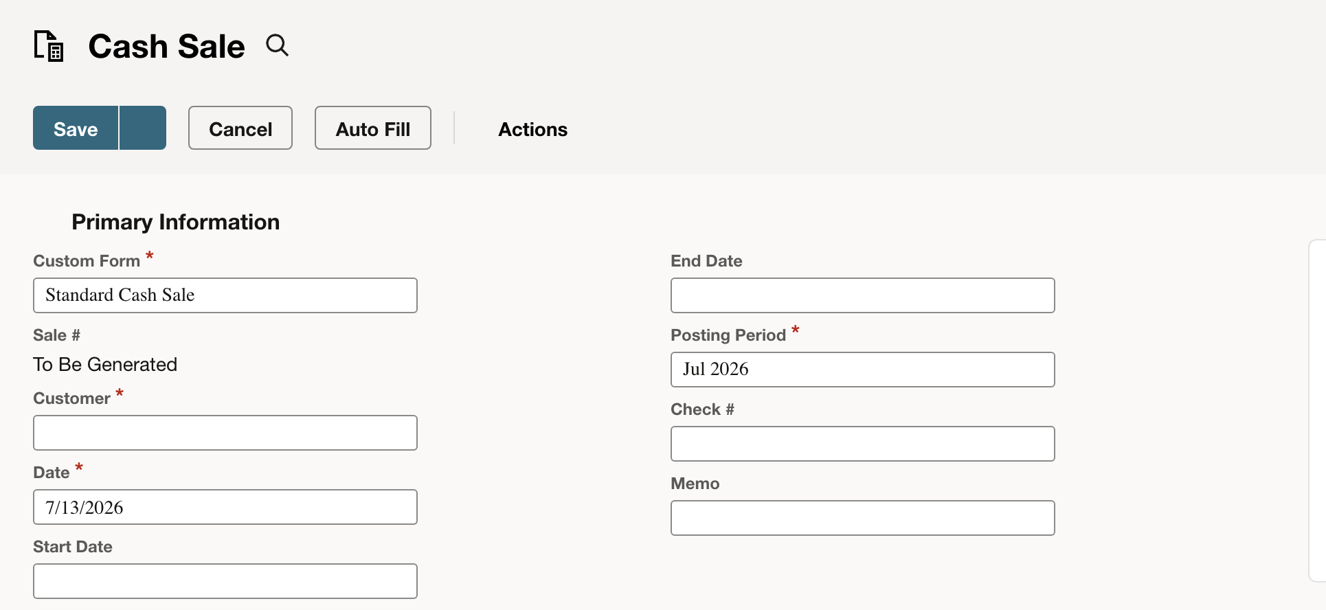 New Cash Sale form with the transaction fields and item sublist visible.