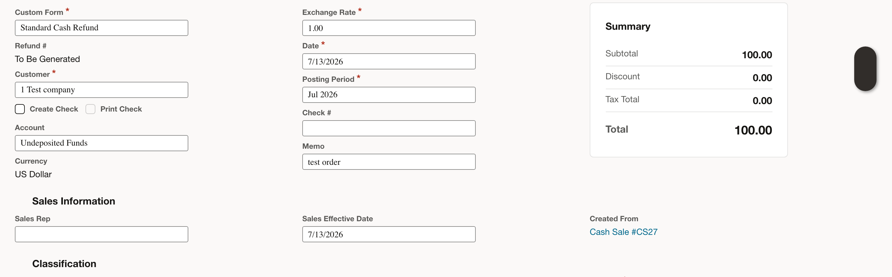 The Cash Refund form links back to the original Cash Sale.