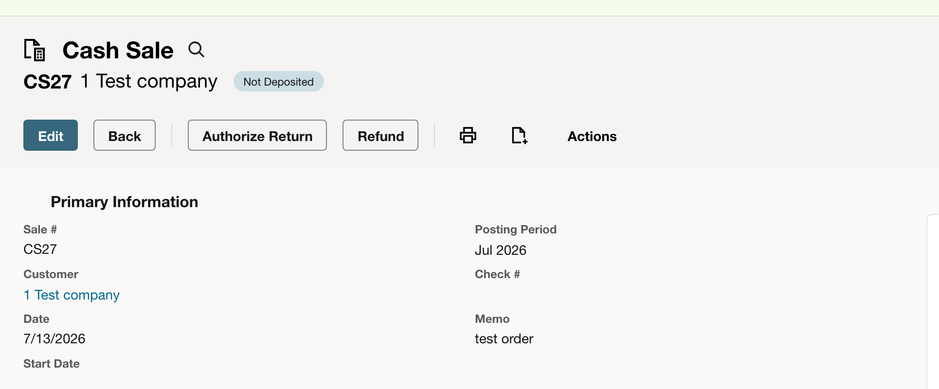The saved Cash Sale provides the Refund action.