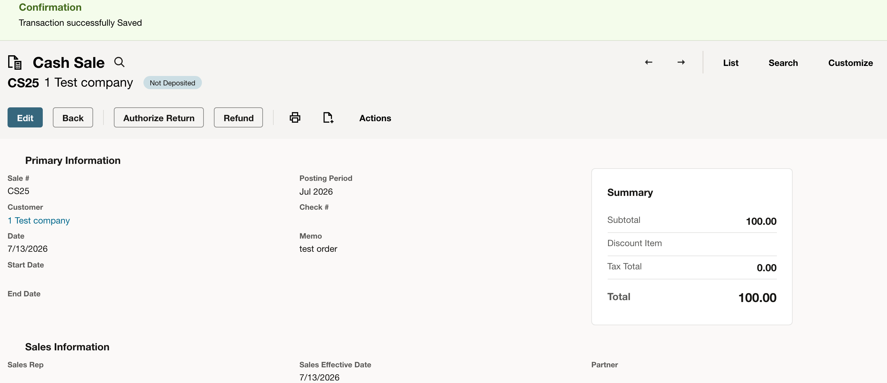 NetSuite: Not Deposited keeps the bank-deposit step visible.