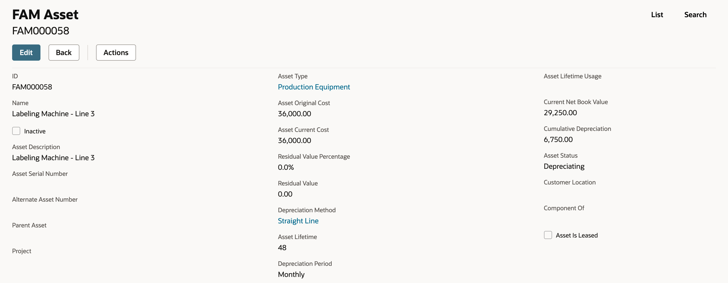 FAM Asset FAM000058, Labeling Machine - Line 3, before the change: Asset Original Cost 36,000.00, Asset Current Cost 36,000.00, Asset Lifetime 48, Cumulative Depreciation 6,750.00, Current Net Book Value 29,250.00, Asset Status Depreciating.