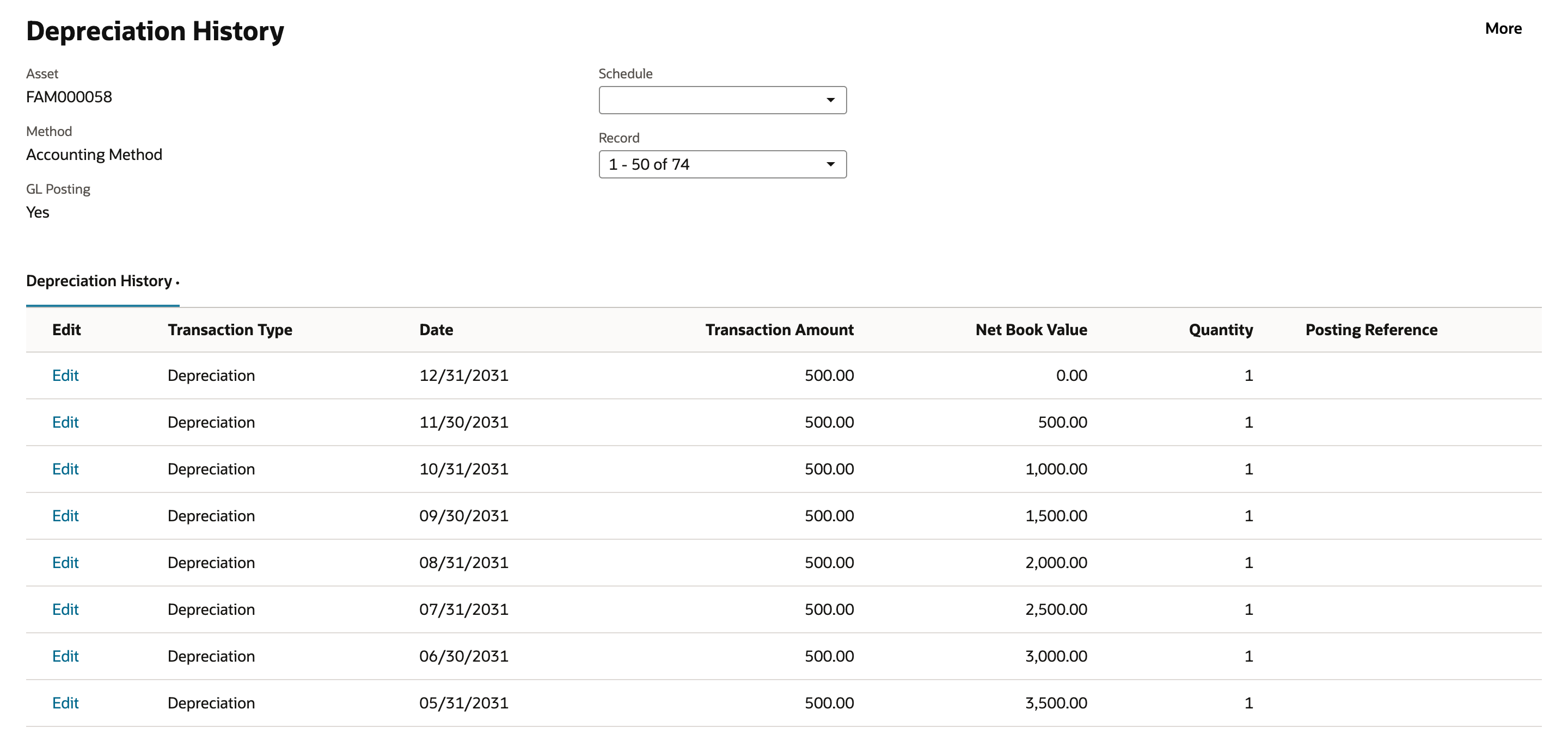 Depreciation History for FAM000058 after Precompute Depreciation Values, Record 1 - 50 of 74: forecast Depreciation rows of 500.00 starting with 12/31/2031 at Net Book Value 0.00.
