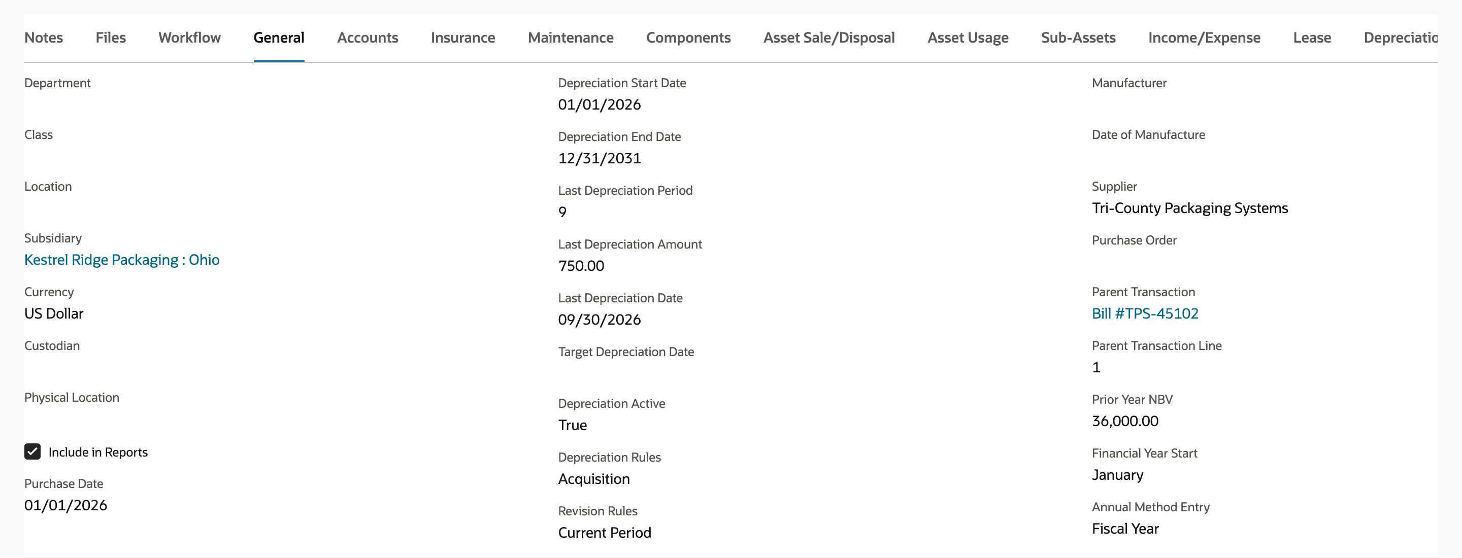 General subtab of FAM000058 after the change: Depreciation End Date 12/31/2031, Last Depreciation Period 9, Last Depreciation Amount 750.00, Last Depreciation Date 09/30/2026, Revision Rules Current Period.