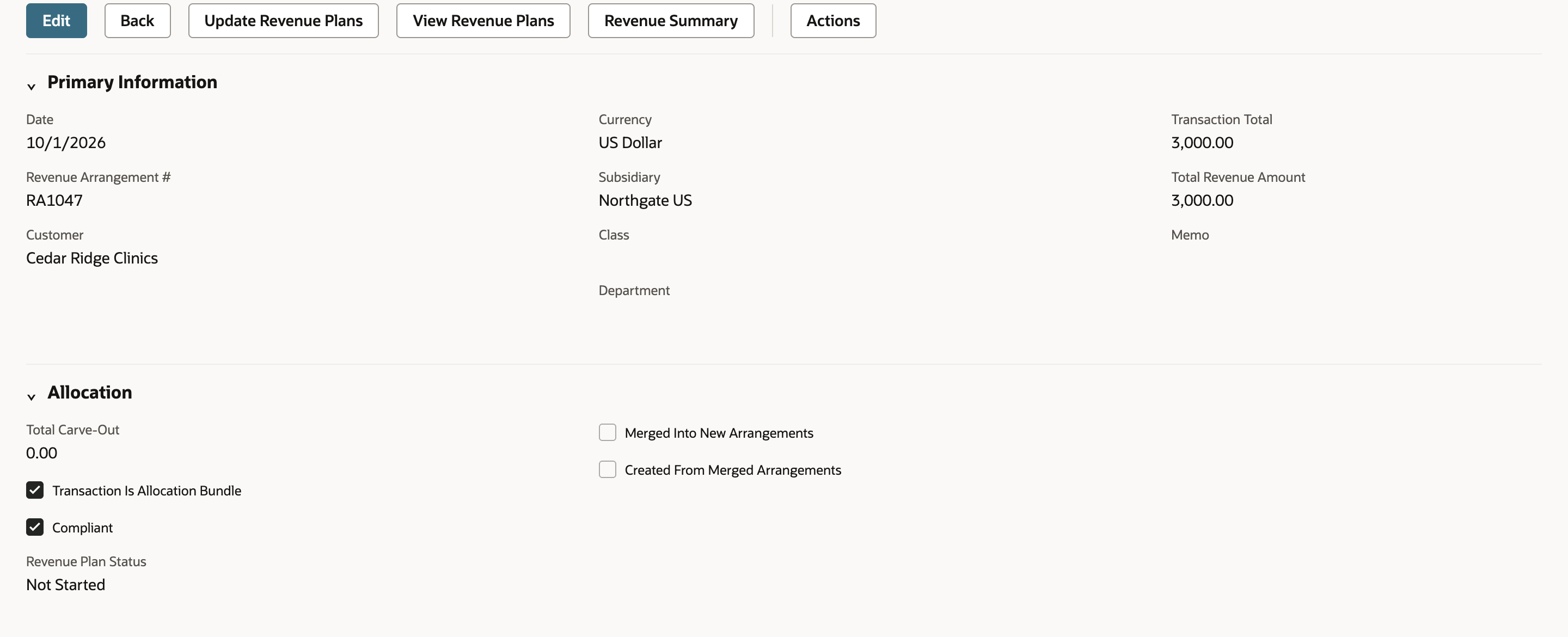 Revenue Arrangement RA1047 for Cedar Ridge Clinics with Date 10/1/2026, Total Revenue Amount 3,000.00, Revenue Plan Status Not Started, and a red arrow pointing at the View Revenue Plans button.