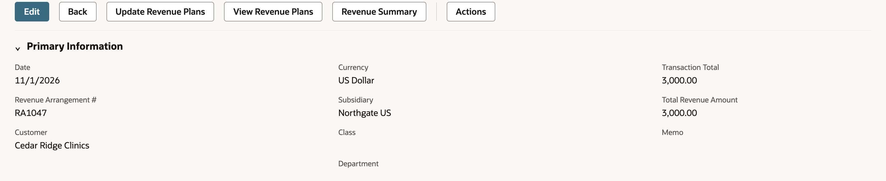 Saved Revenue Arrangement RA1047 with Date 11/1/2026, marked by a red arrow, and Edit, Back, Update Revenue Plans, View Revenue Plans, and Revenue Summary buttons.