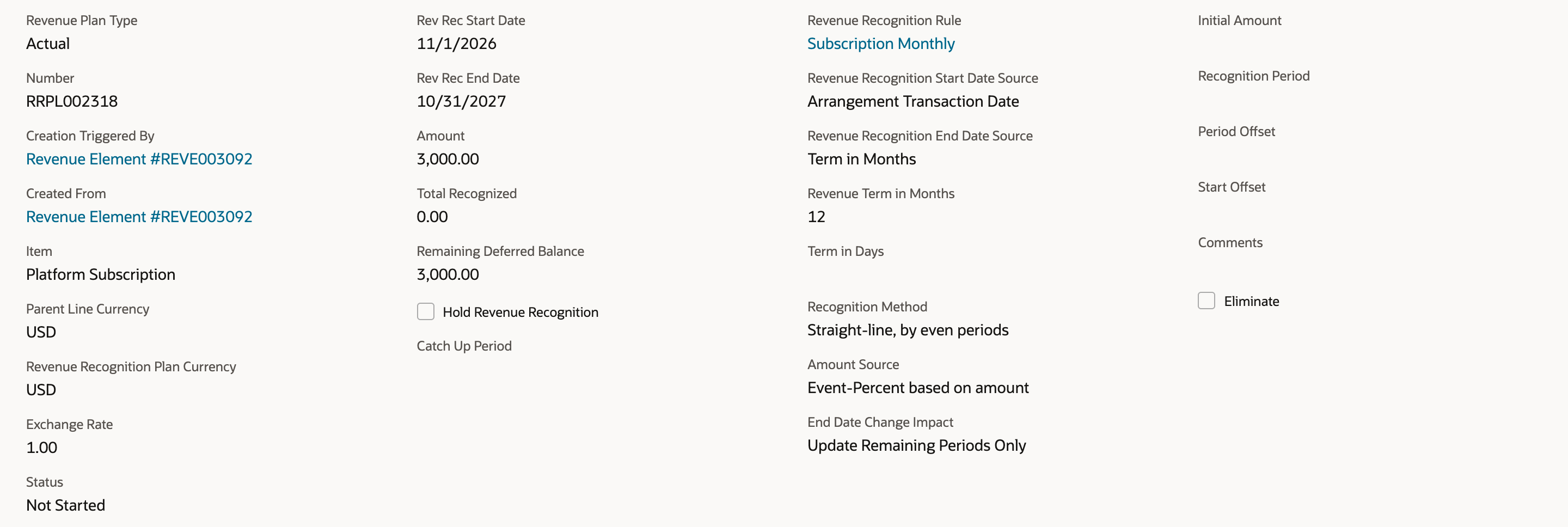 Revenue Recognition Plan RRPL002318 after the update: Rev Rec Start Date 11/1/2026, Rev Rec End Date 10/31/2027, Total Recognized 0.00, Status Not Started, with a red arrow pointing at 11/1/2026.