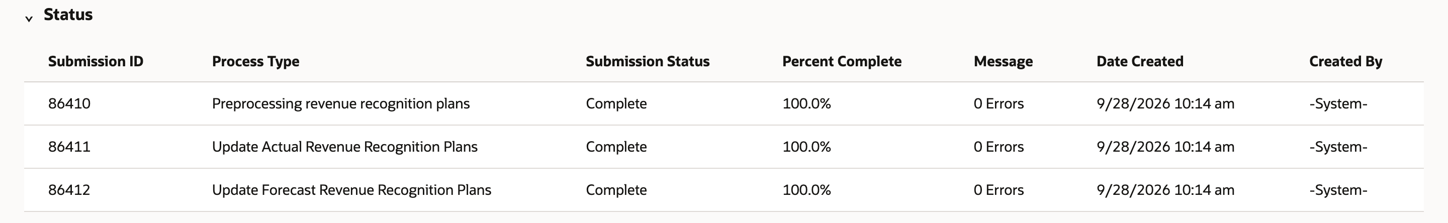 Status table with submissions 86410, 86411 and 86412 all Complete at 100.0% with 0 Errors.