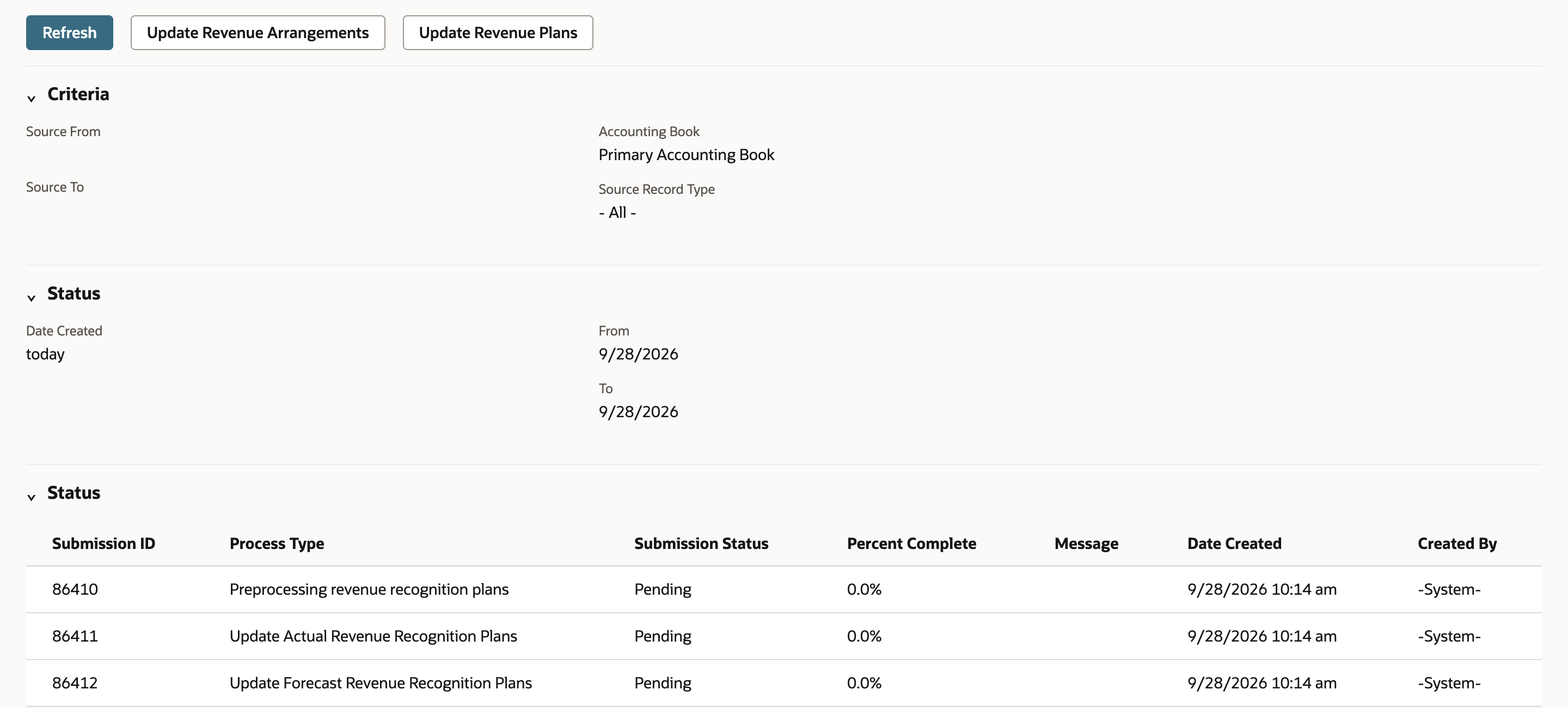 Update Revenue Arrangements and Revenue Plans page with three submissions, 86410, 86411 and 86412, all Pending at 0.0%, and a red arrow pointing at the Update Revenue Plans button.