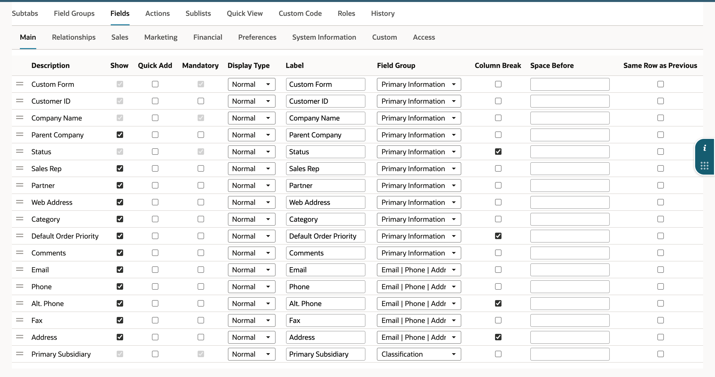 The Fields tab, Main subtab, with Show checked for Status, Sales Rep, Email and Phone.