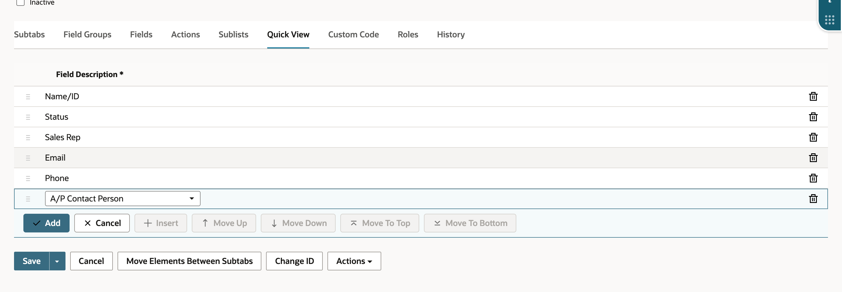 The Quick View list in order: Name/ID, Status, Sales Rep, Email, Phone.