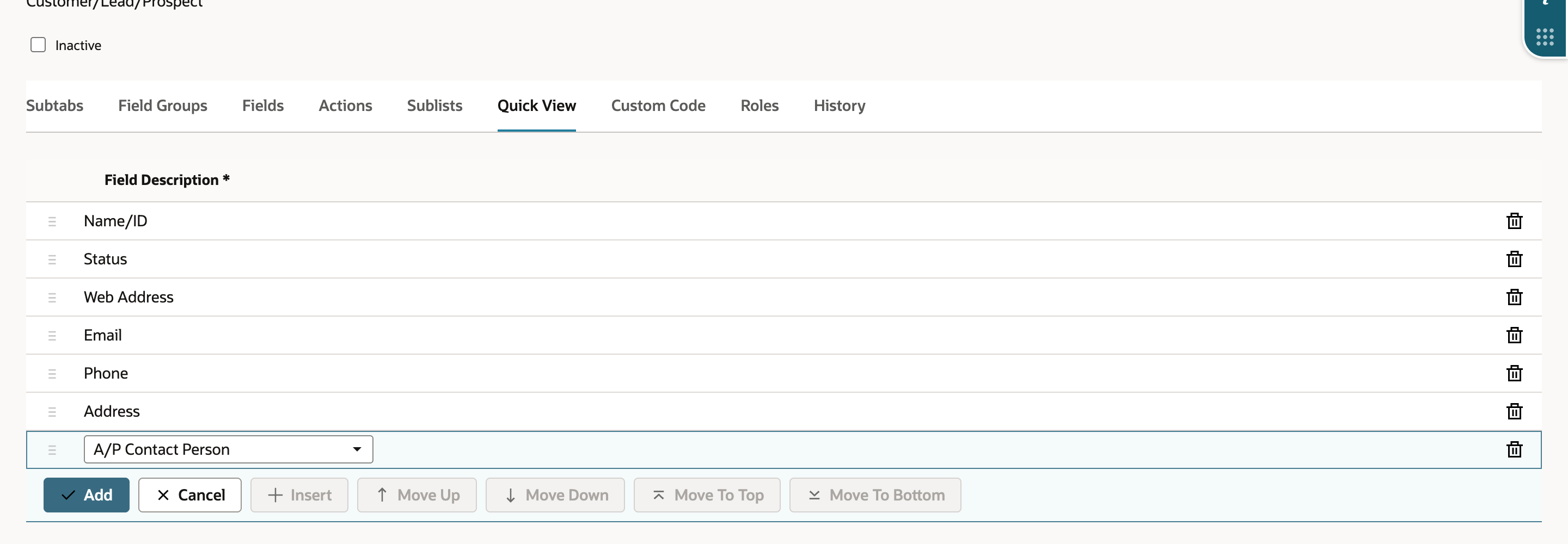 The Quick View tab listing Name/ID, Status, Web Address, Email, Phone and Address with a trash icon on each row.