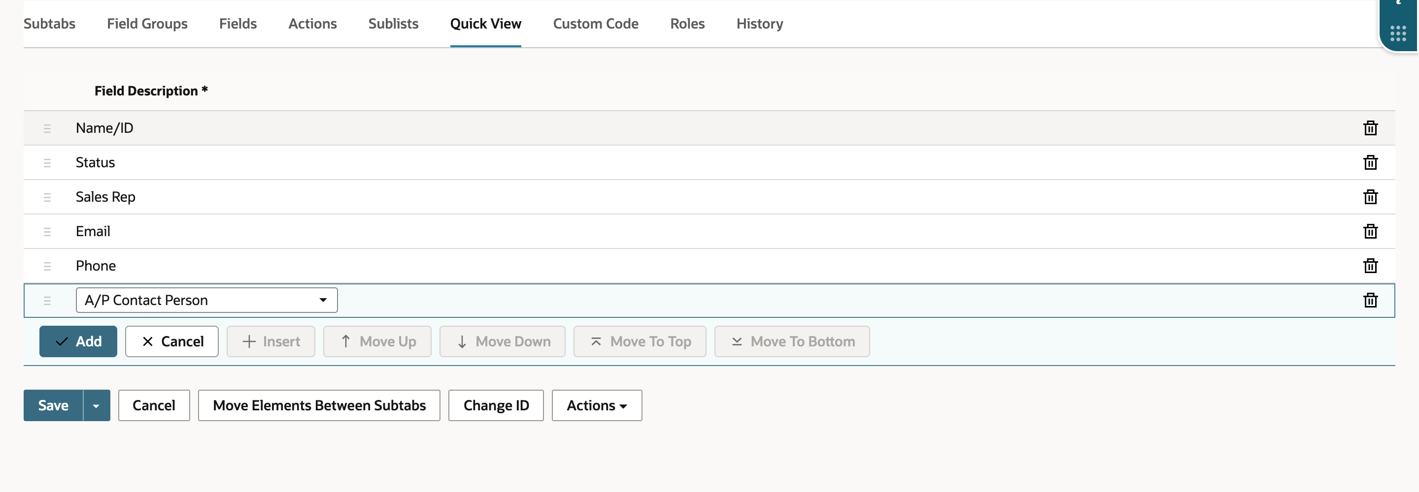 The reopened Quick View tab showing Name/ID, Status, Sales Rep, Email and Phone.