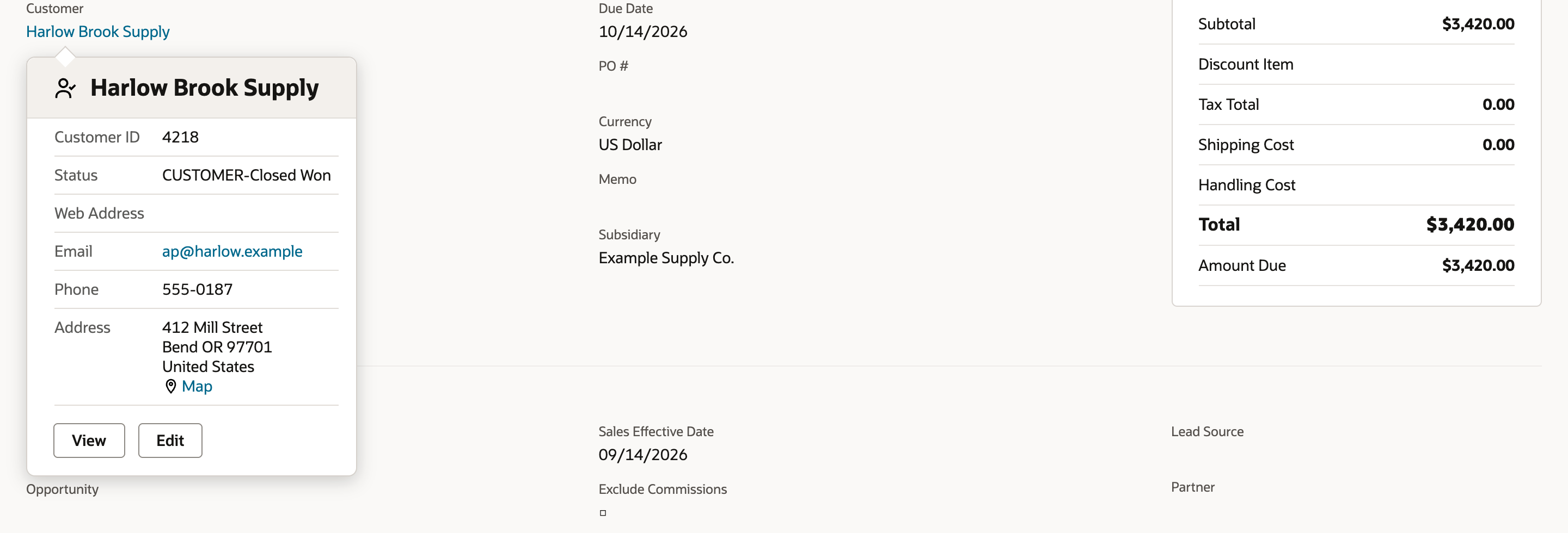 The customer preview card with Customer ID 4218, Status, an empty Web Address row, Email, Phone and a three-line Address, above View and Edit buttons.