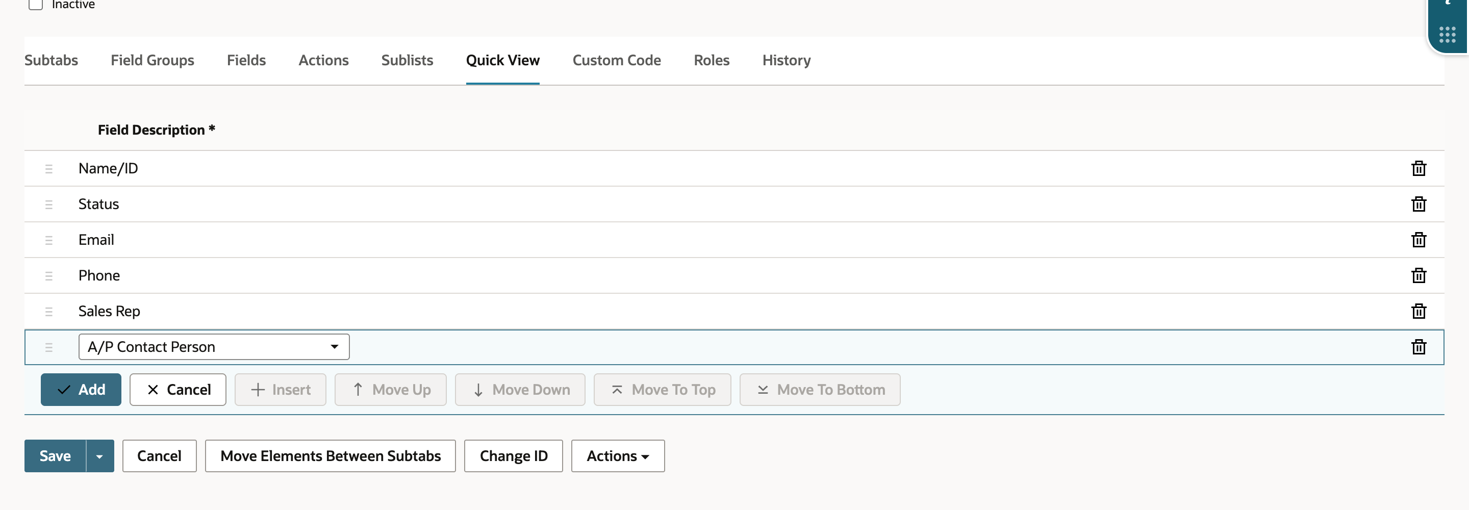 The Quick View list with Name/ID, Status, Email, Phone and a new Sales Rep row at the bottom.
