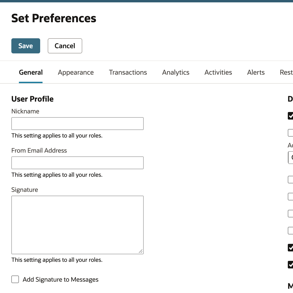 Set Preferences General subtab with User Profile showing blank Nickname, From Email Address and Signature fields and Add Signature to Messages cleared.