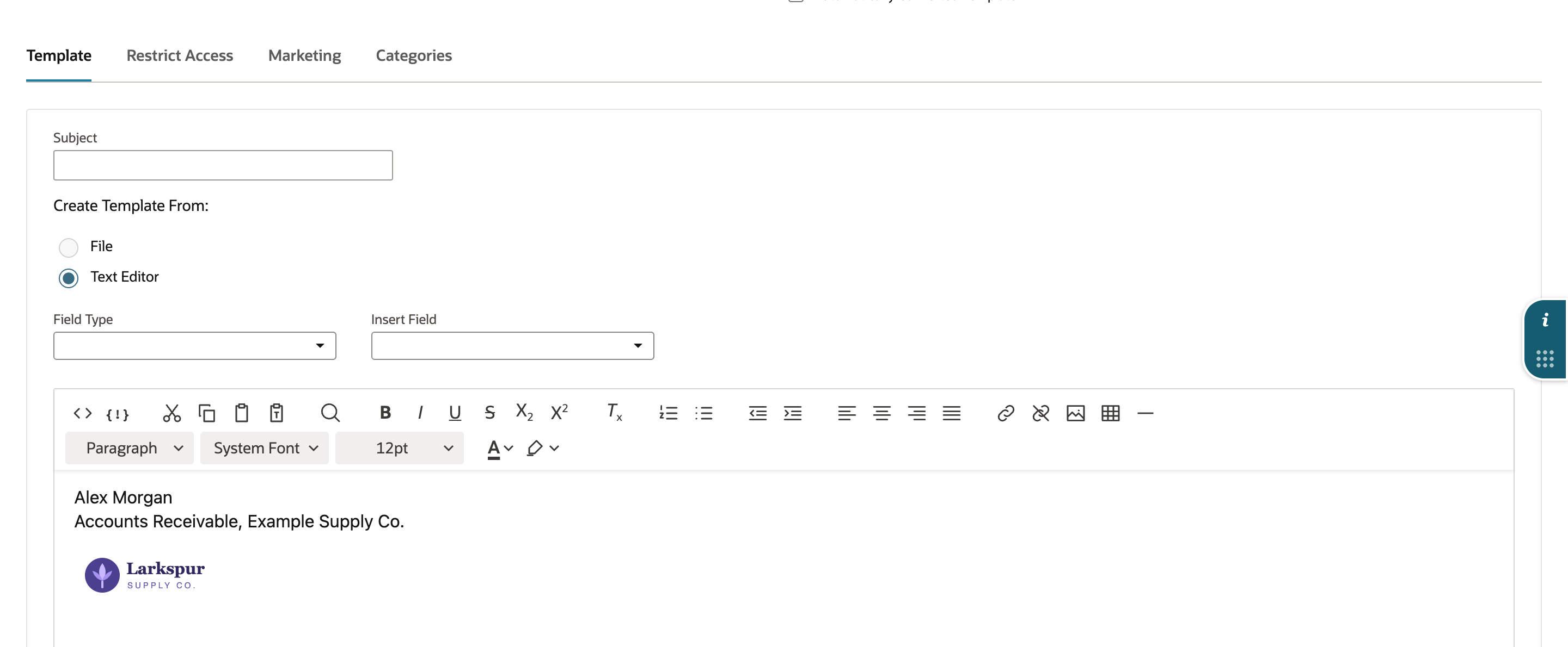 Email template editor showing the name, the title and the Larkspur Supply Co. logo rendered below them.