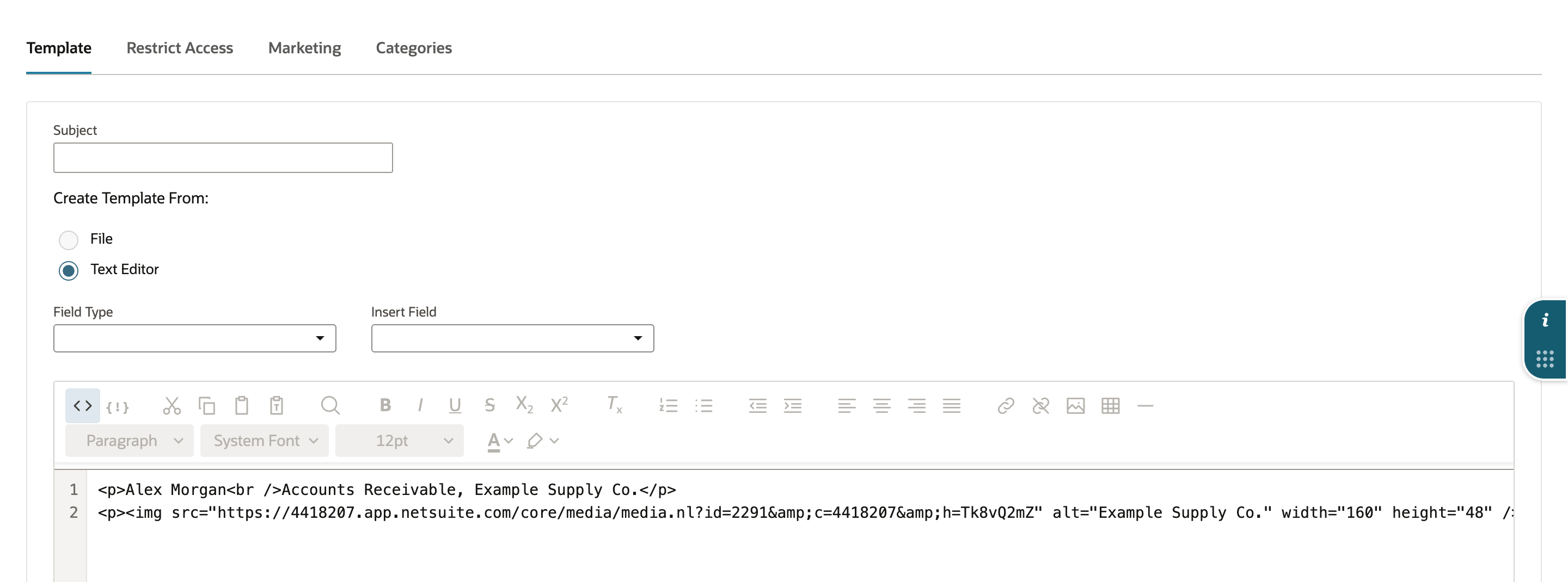 Email template editor in Source code view showing the signature HTML on two lines: a paragraph with the name and title, and a paragraph with an img tag 160 wide and 48 high.