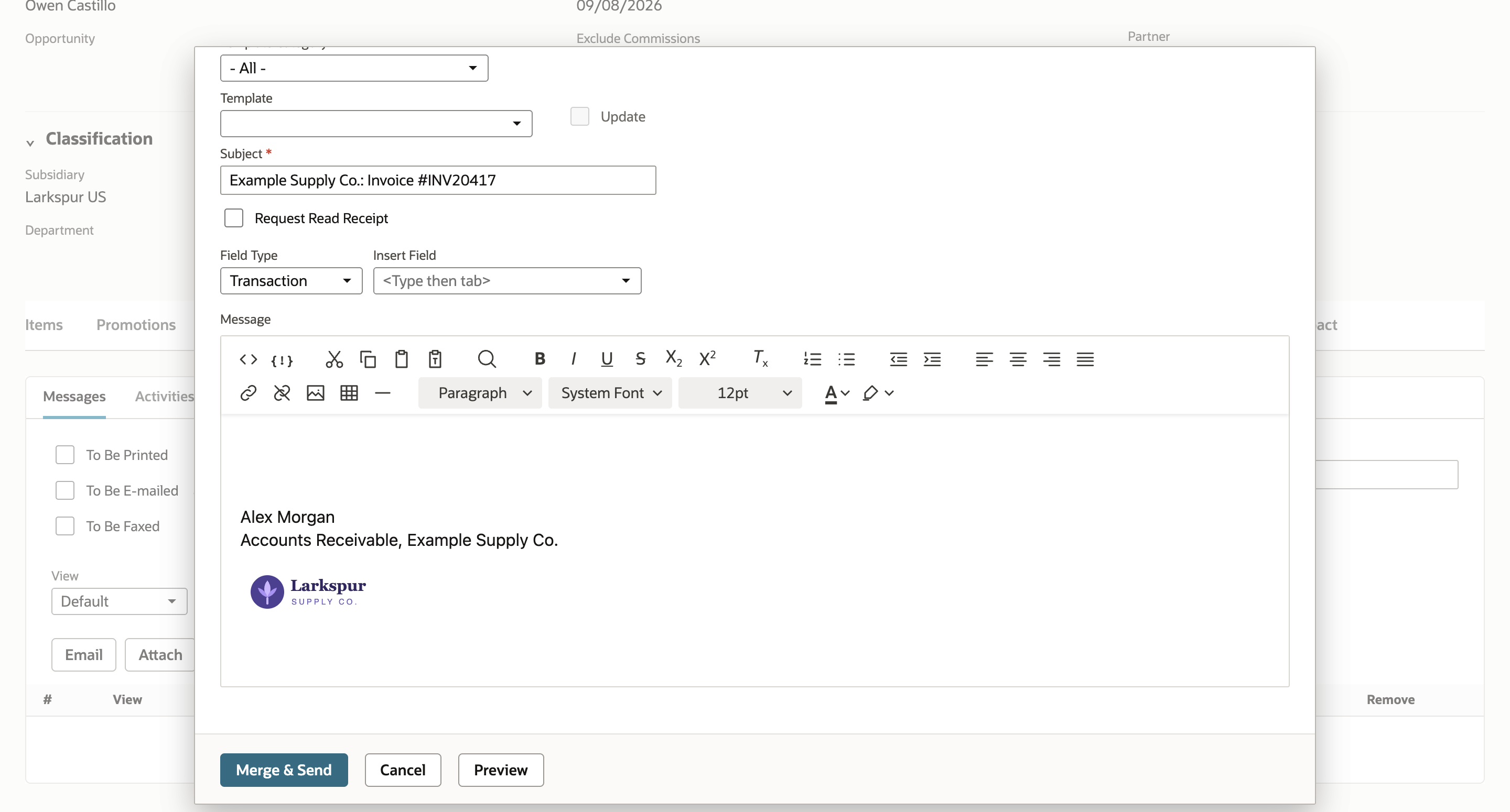 Email Message window on the Message tab for invoice INV20417 with subject Example Supply Co.: Invoice #INV20417 and the signature with logo already in the Message editor.