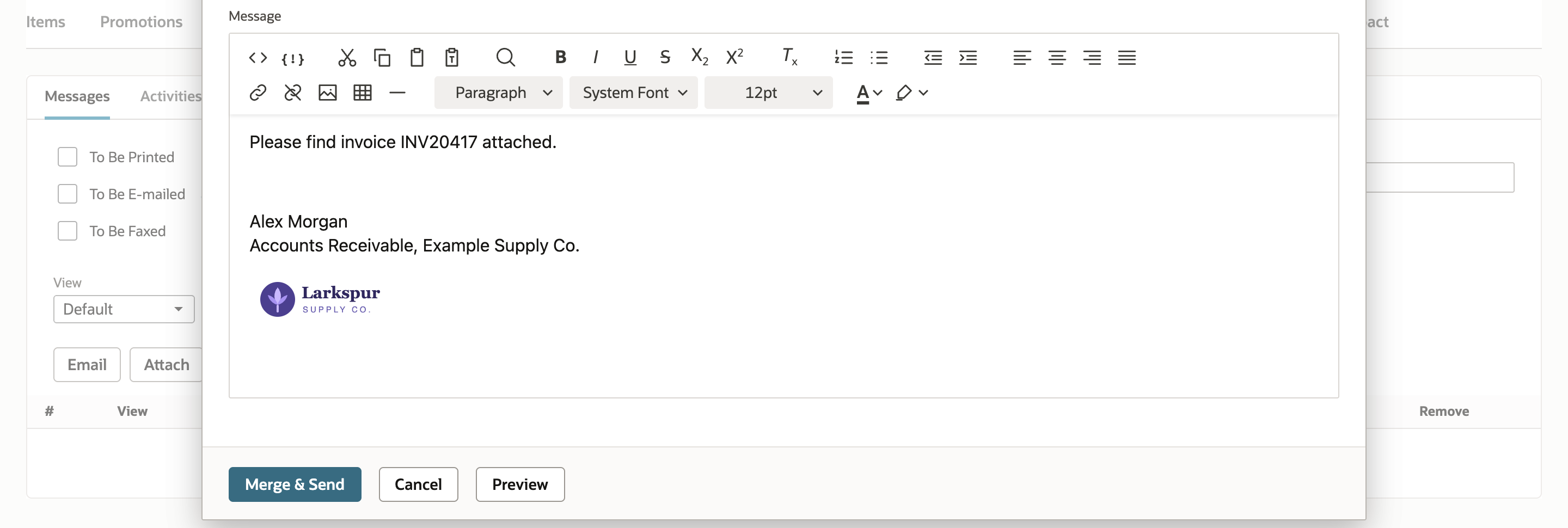 Email Message window with the note Please find invoice INV20417 attached. above the signature and logo, and a red arrow pointing at Merge & Send.