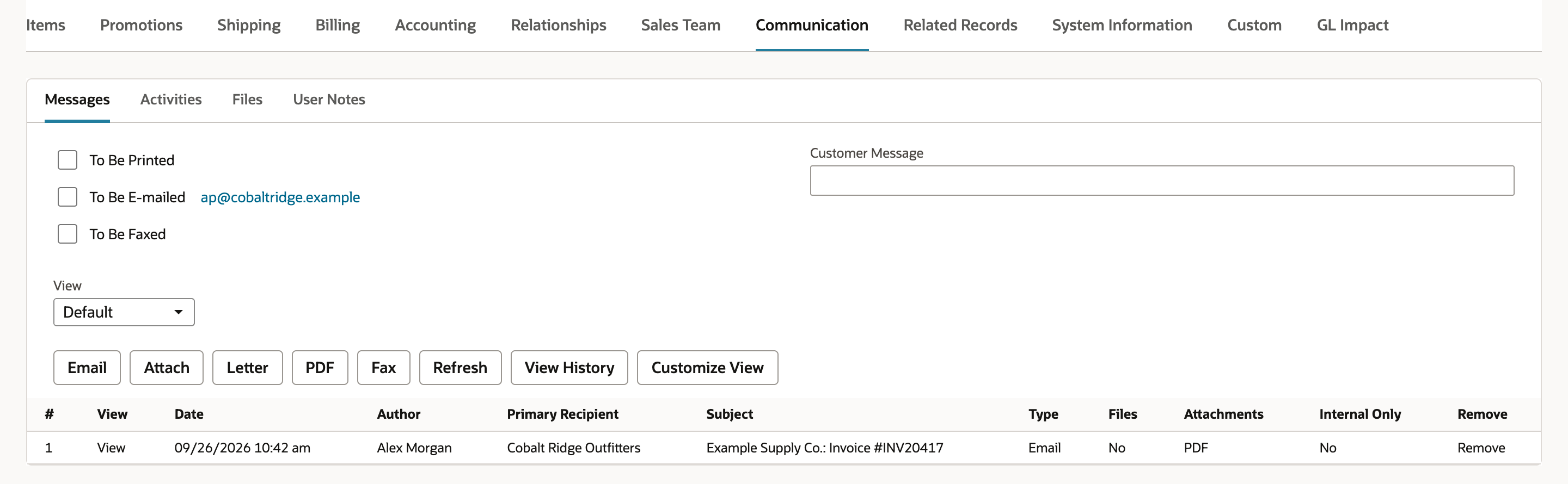Communication subtab of invoice INV20417 with the Messages list showing one Email row with Author Alex Morgan, Primary Recipient Cobalt Ridge Outfitters and a PDF attachment.