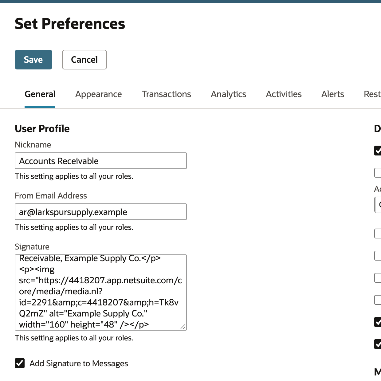 Set Preferences User Profile with Nickname Accounts Receivable, From Email Address ar@larkspursupply.example, the signature HTML in Signature, and Add Signature to Messages checked, marked by a red arrow.